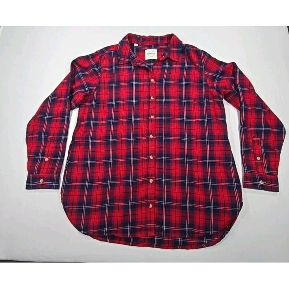 Jach's Girlfriend Cozy Flannel Shirt Red Plaid Long Sleeve Sz L Hand Pockets - Picture 1 of 8